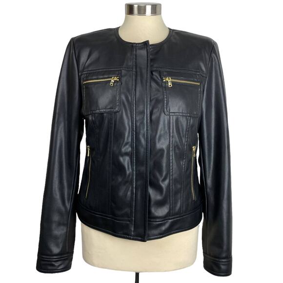 COLE HAAN Faux Leather Collarless Full Hidden Zip Moto Jacket in Black, Medium